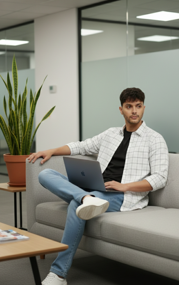 Classic Ivory & Grey Checked Smart Casual Shirt