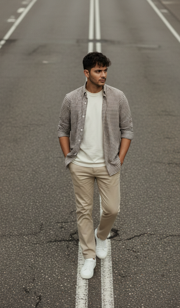 Brown & Ivory Micro Check Smart Casual Shirt