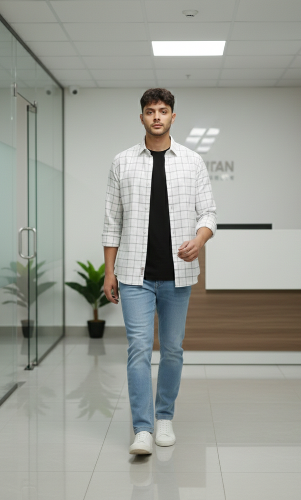 Classic Ivory & Grey Checked Smart Casual Shirt