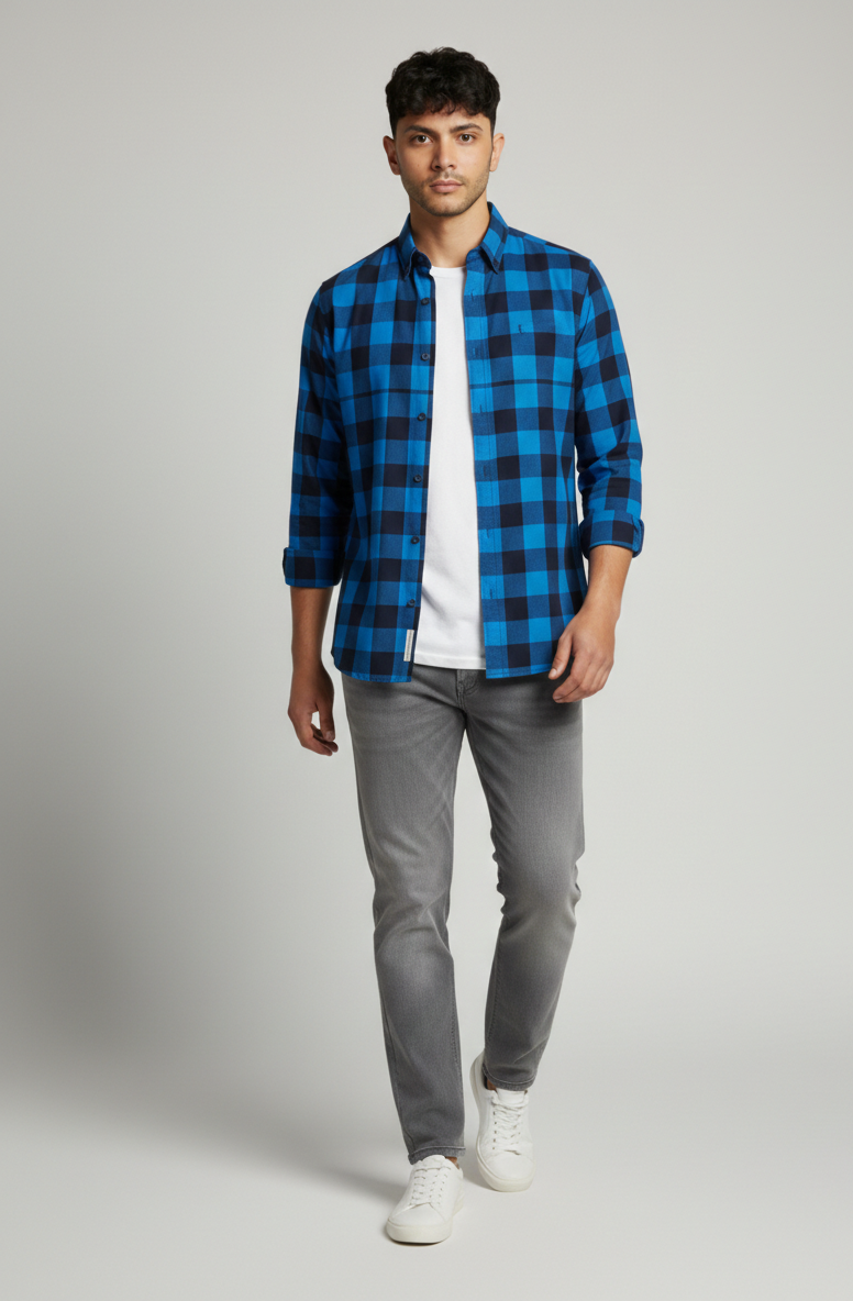 Men’s Blue & Black Check Shirt – Smart Fit Casual Wear