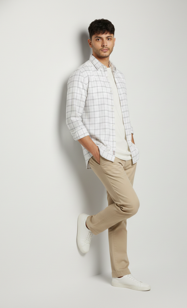 Classic Ivory & Grey Checked Smart Casual Shirt