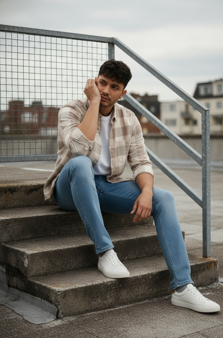 Men’s Beige Subtle Check Shirt – Smart Casual Everyday Wear