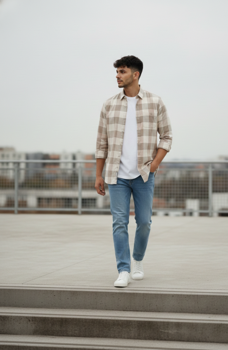 Men’s Beige Subtle Check Shirt – Smart Casual Everyday Wear