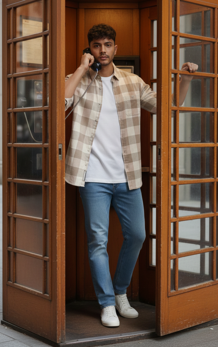 Men’s Beige Subtle Check Shirt – Smart Casual Everyday Wear