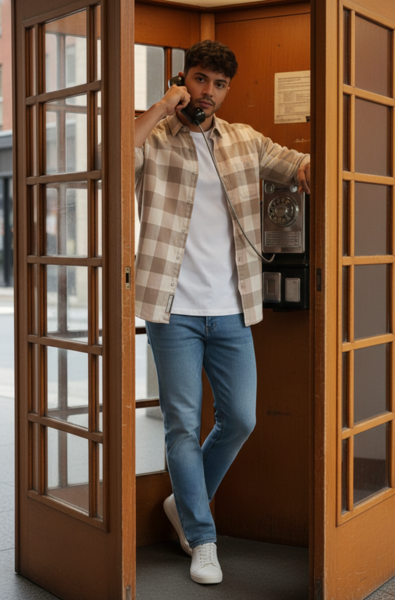 Men’s Beige Subtle Check Shirt – Smart Casual Everyday Wear