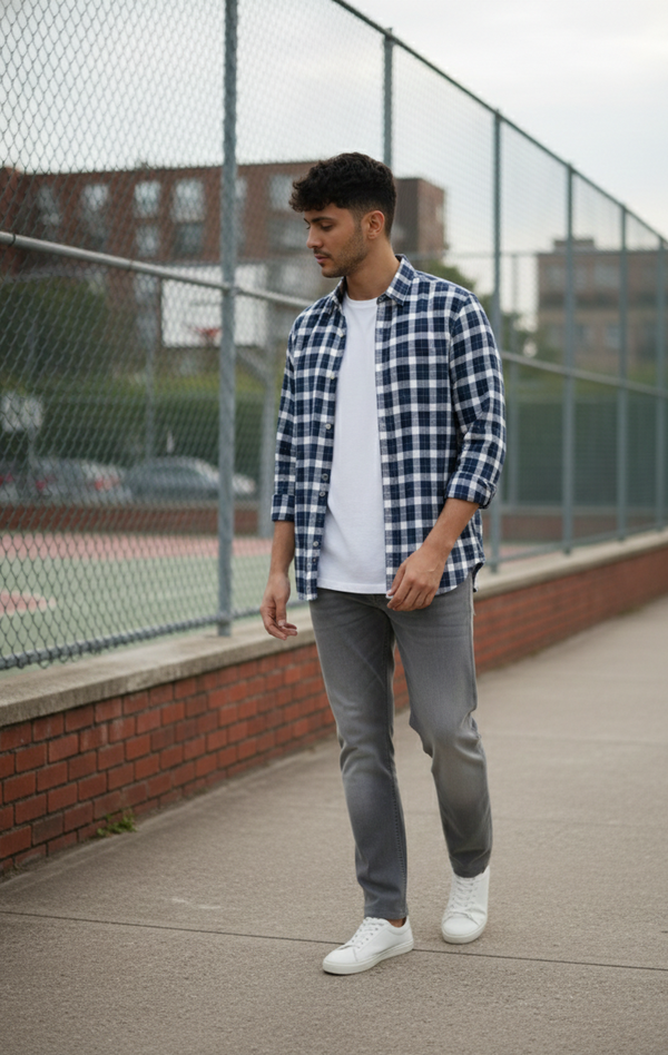 Navy Blue & Grey Check Shirt – Relaxed Smart Wear