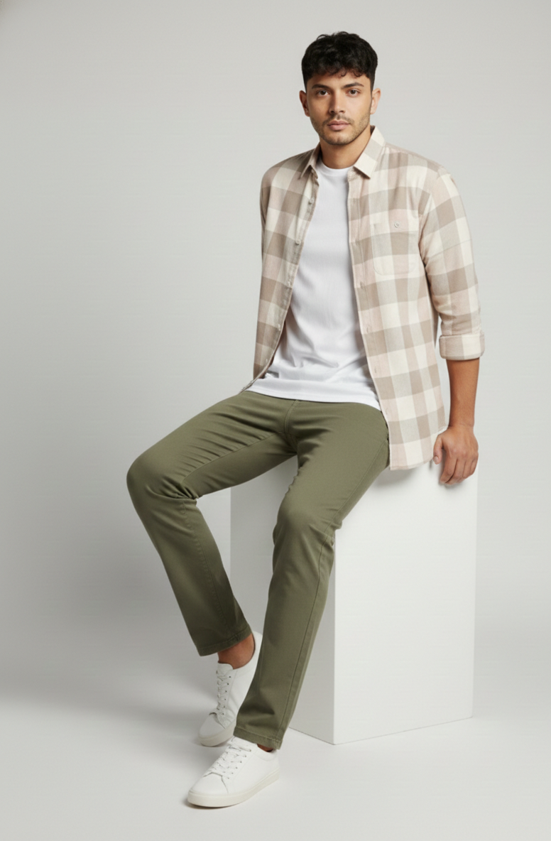 Men’s Beige Subtle Check Shirt – Smart Casual Everyday Wear