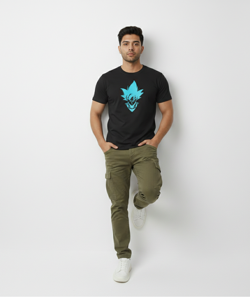 Man wearing a black t-shirt with a blue graphic design on a white background