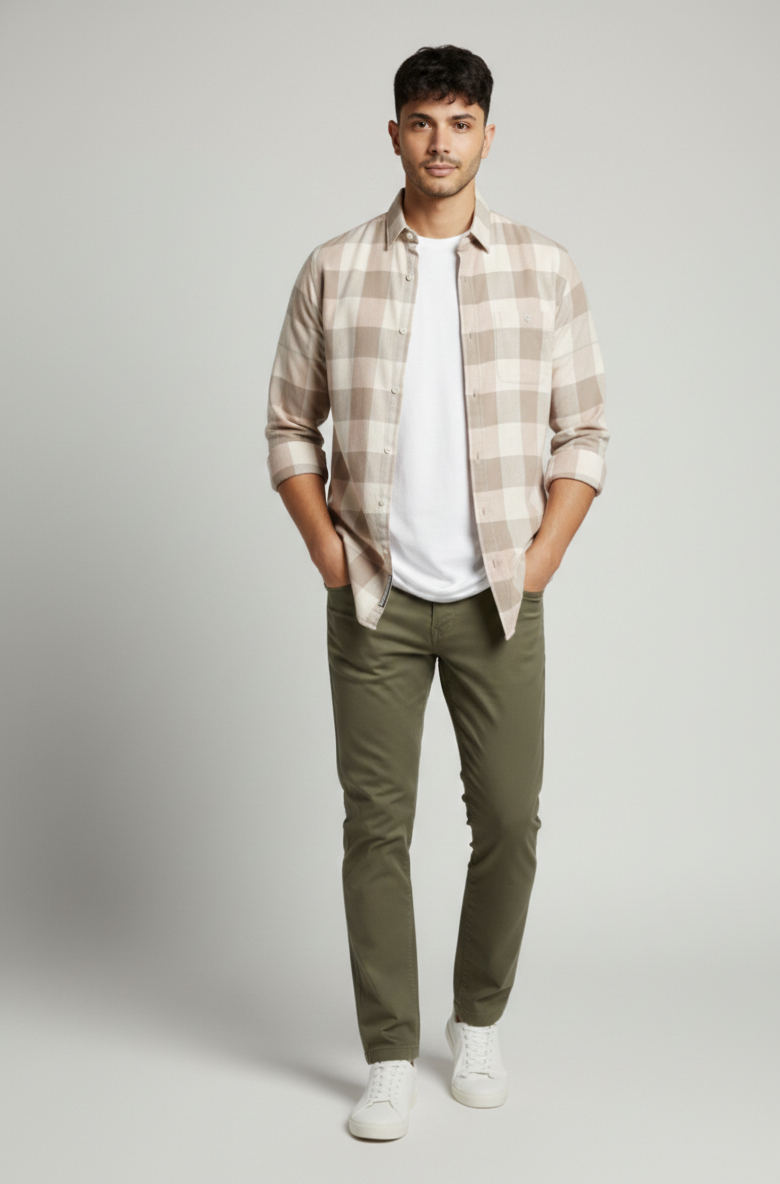 Men’s Beige Subtle Check Shirt – Smart Casual Everyday Wear