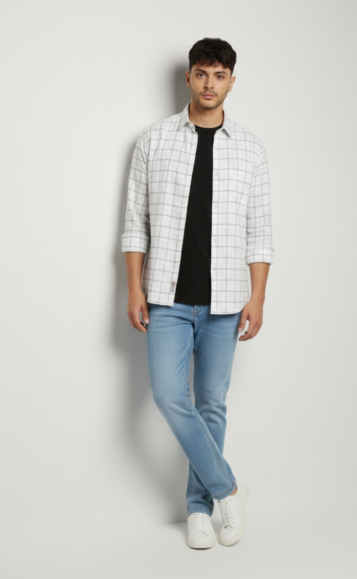 Men’s Off White & Grey Check Shirt – Classic Casual Wear