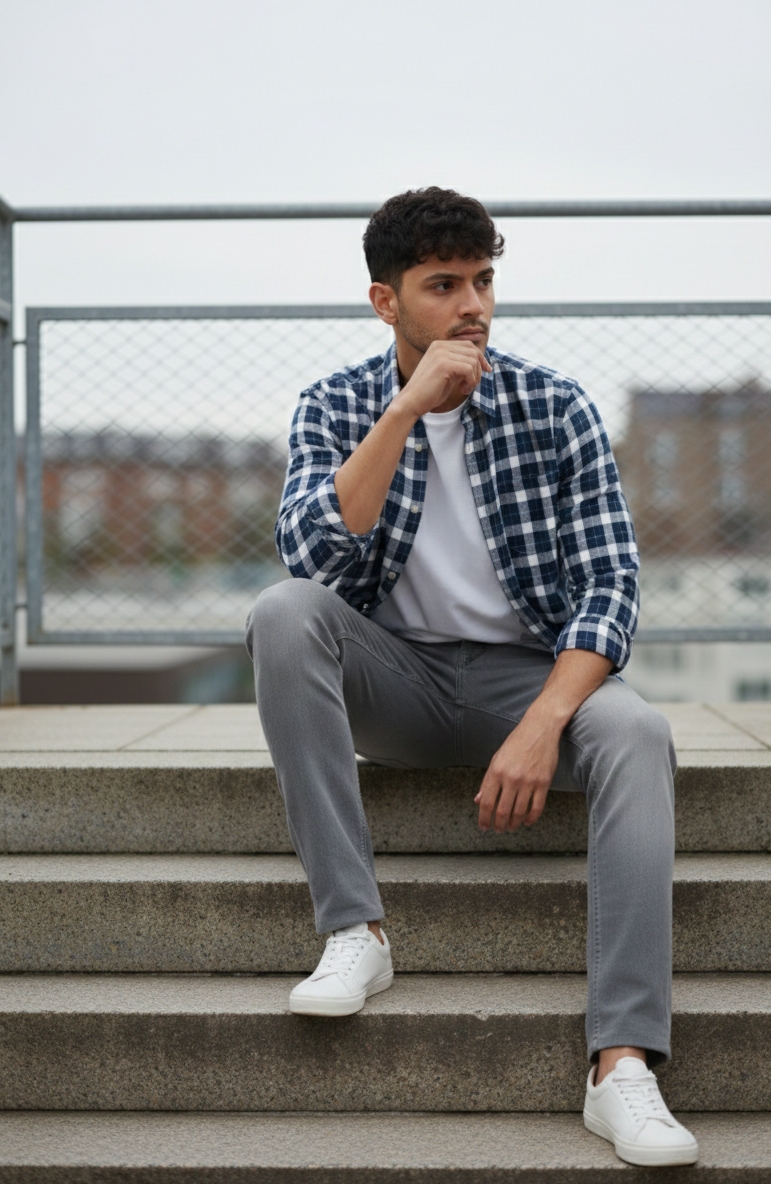 Navy Blue & Grey Check Shirt – Relaxed Smart Wear