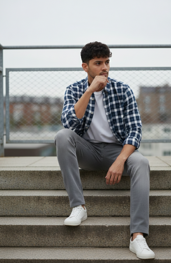 Navy Blue & Grey Check Shirt – Relaxed Smart Wear