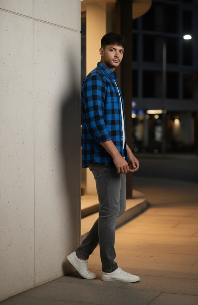 Men’s Blue & Black Check Shirt – Smart Fit Casual Wear