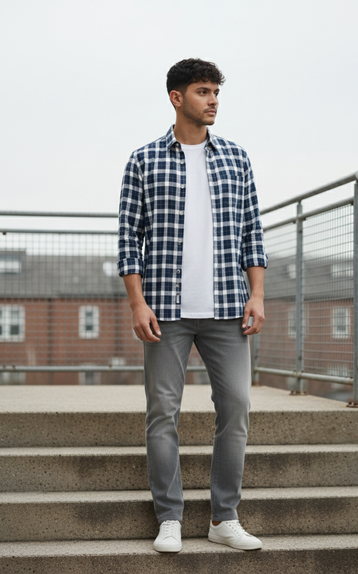 Navy Blue & Grey Check Shirt – Relaxed Smart Wear