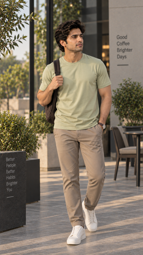 Men’s Solid Pista Green Cotton Lycra Stretch T-Shirt | Regular Fit