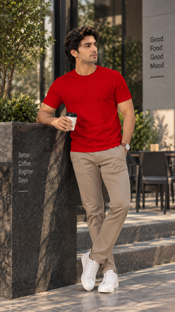 Men’s Solid Red Cotton Lycra Stretch T-Shirt | Regular Fit