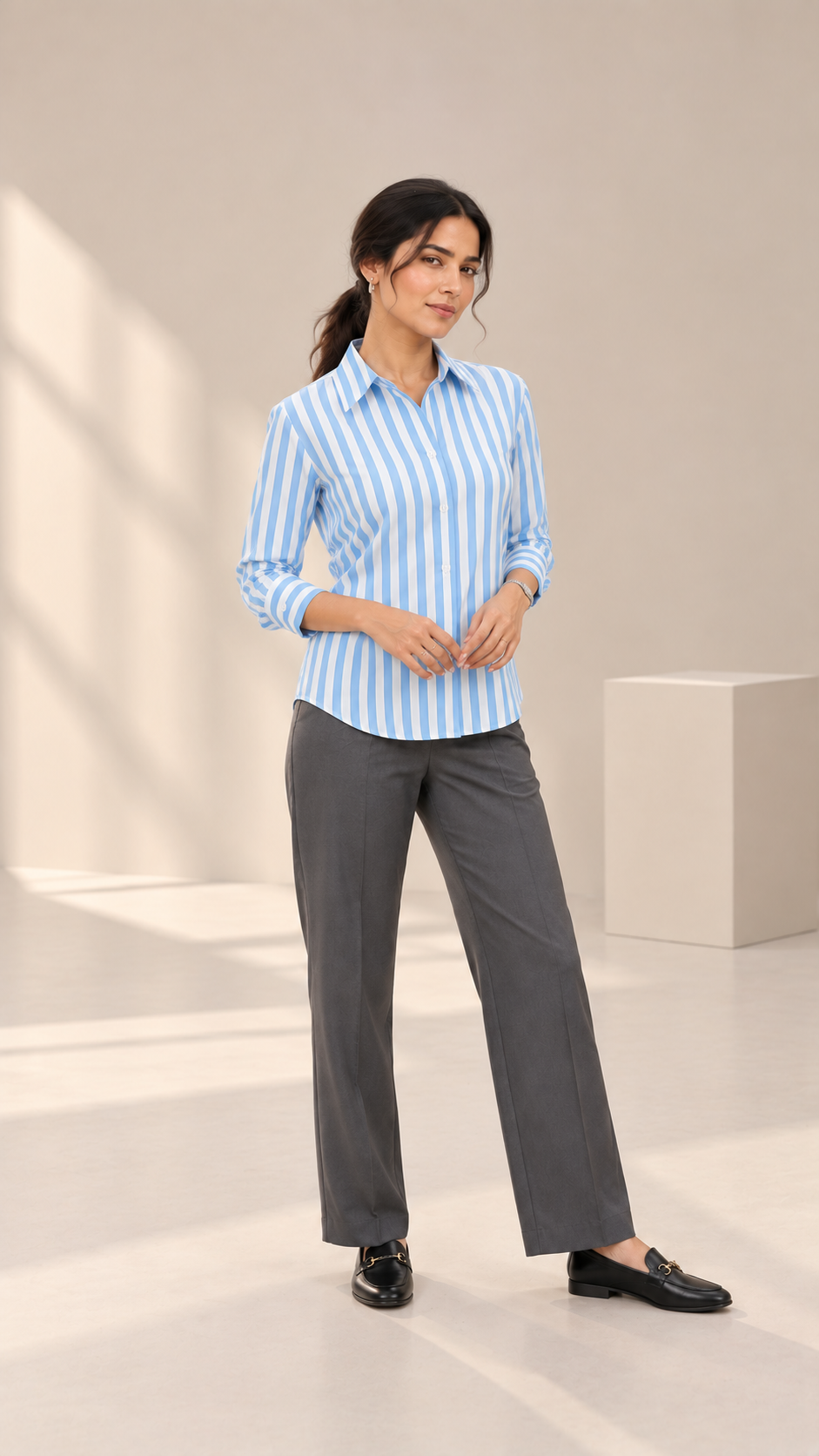Women’s Sky Blue Striped Rayon Shirt | Relaxed Fit