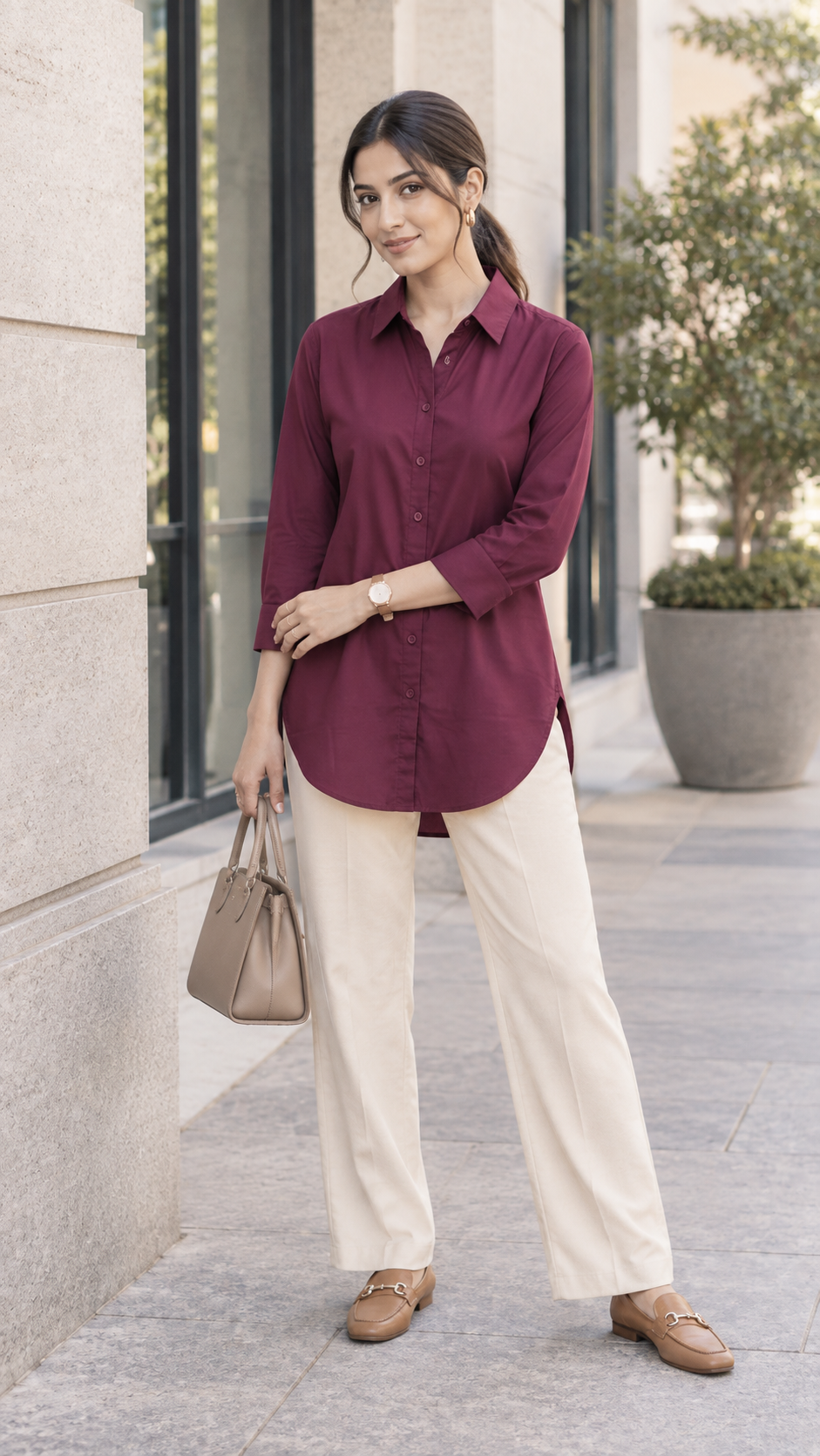Women’s Wine Cotton-Viscose Kurti Style Shirt | Relaxed Fit