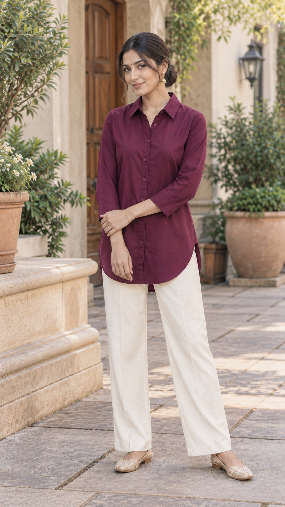 Women’s Wine Cotton-Viscose Kurti Style Shirt | Relaxed Fit