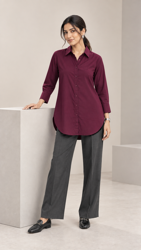 Women’s Wine Cotton-Viscose Kurti Style Shirt | Relaxed Fit