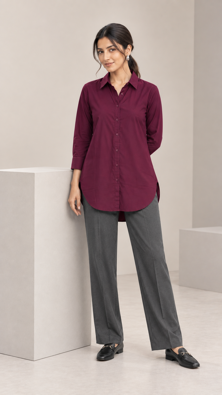 Women’s Wine Cotton-Viscose Kurti Style Shirt | Relaxed Fit
