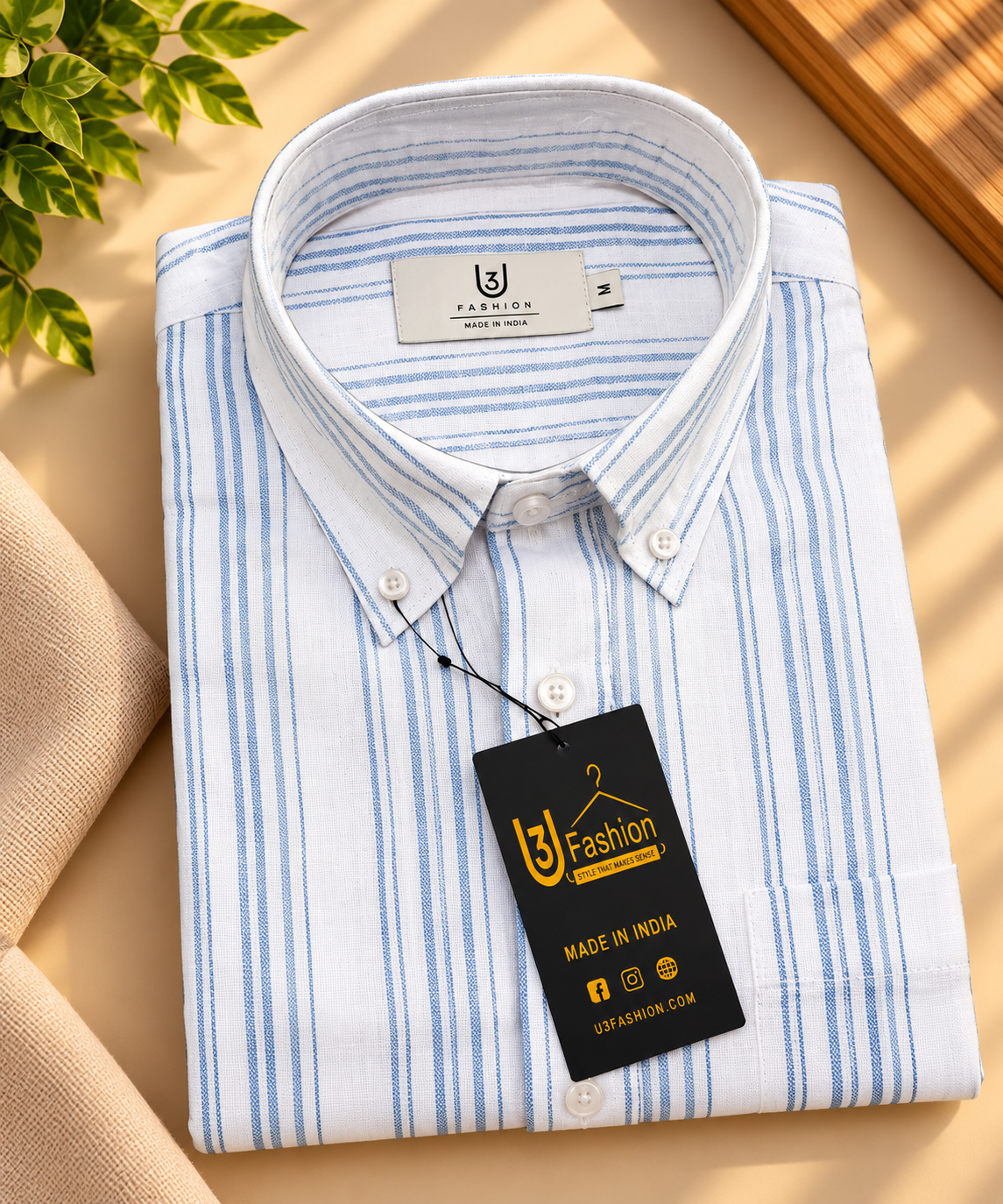 White & Blue Striped Regular Fit Pure Cotton Shirt for Men | U3 Fashion