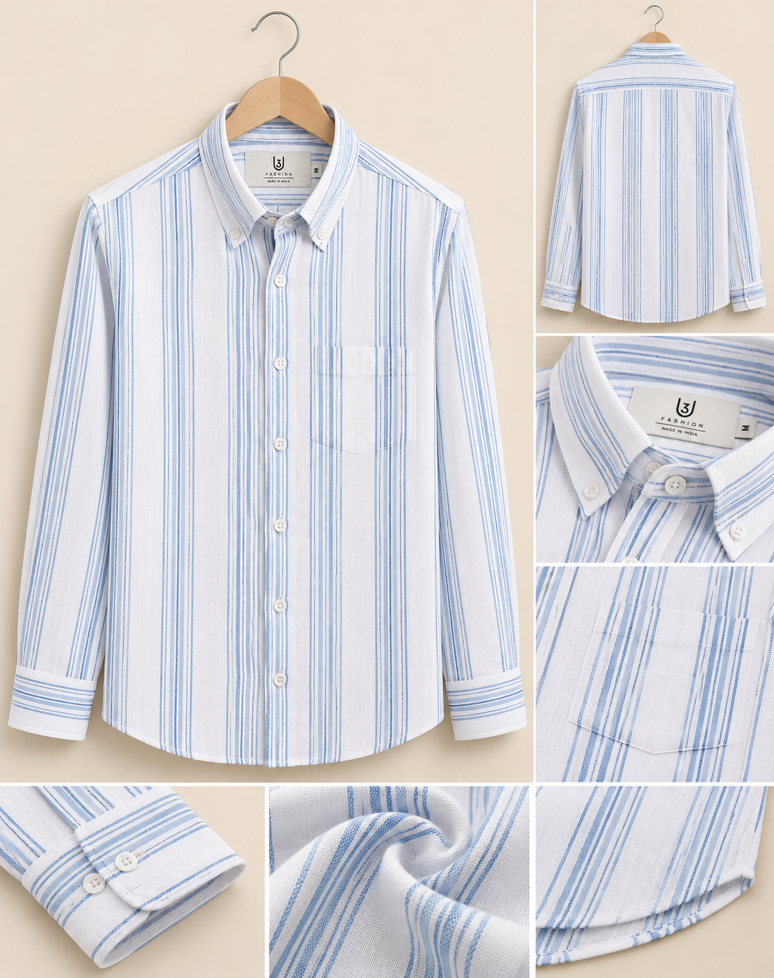 White & Blue Striped Regular Fit Pure Cotton Shirt for Men | U3 Fashion