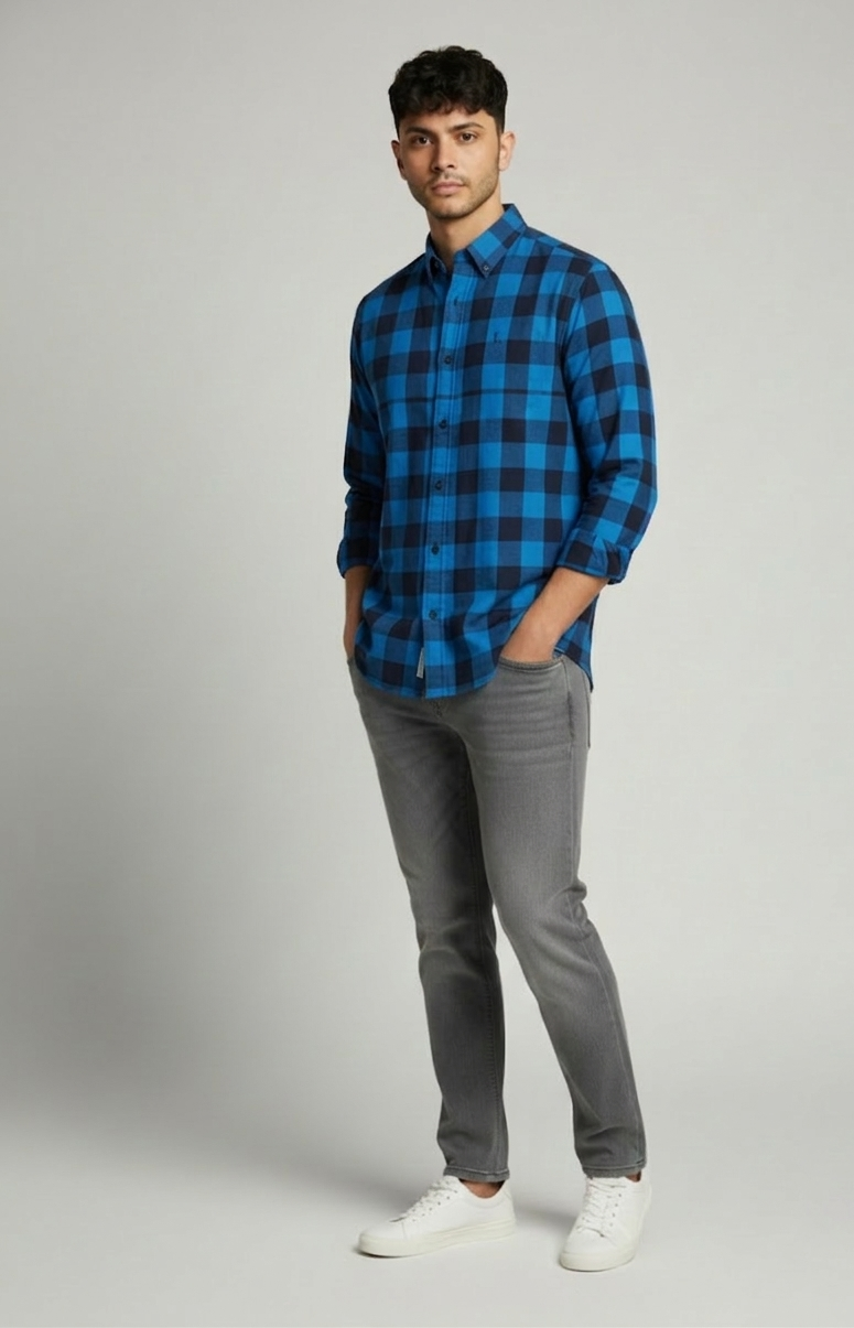 Men’s Blue & Black Check Shirt – Smart Fit Casual Wear