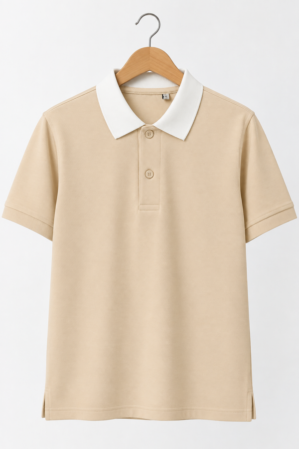 Men’s Beige Cotton Matty Lycra Polo T-Shirt with Off-White Collar