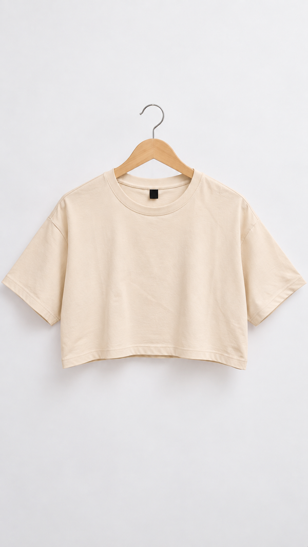 Women’s Beige Boxy Fit Crew Neck Crop Top