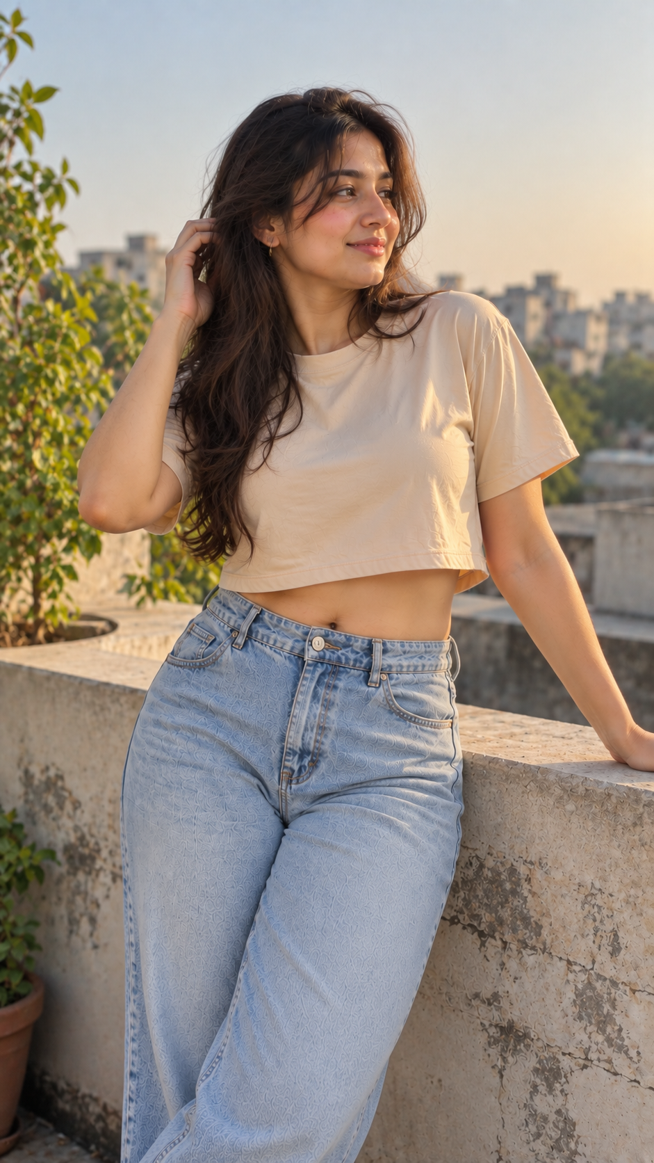 Women’s Beige Boxy Fit Crew Neck Crop Top