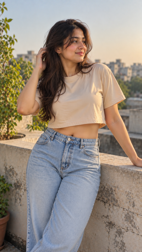 Women’s Beige Boxy Fit Crew Neck Crop Top