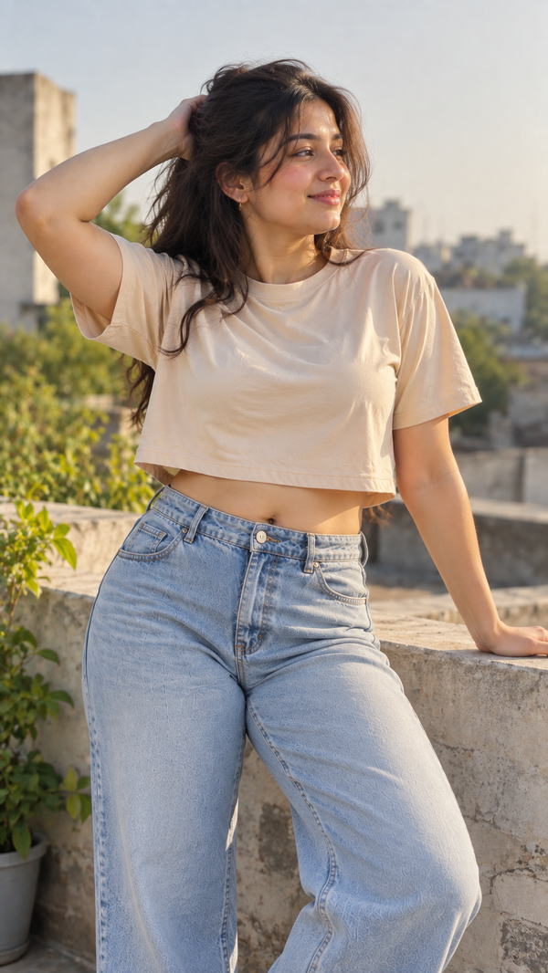 Women’s Beige Boxy Fit Crew Neck Crop Top