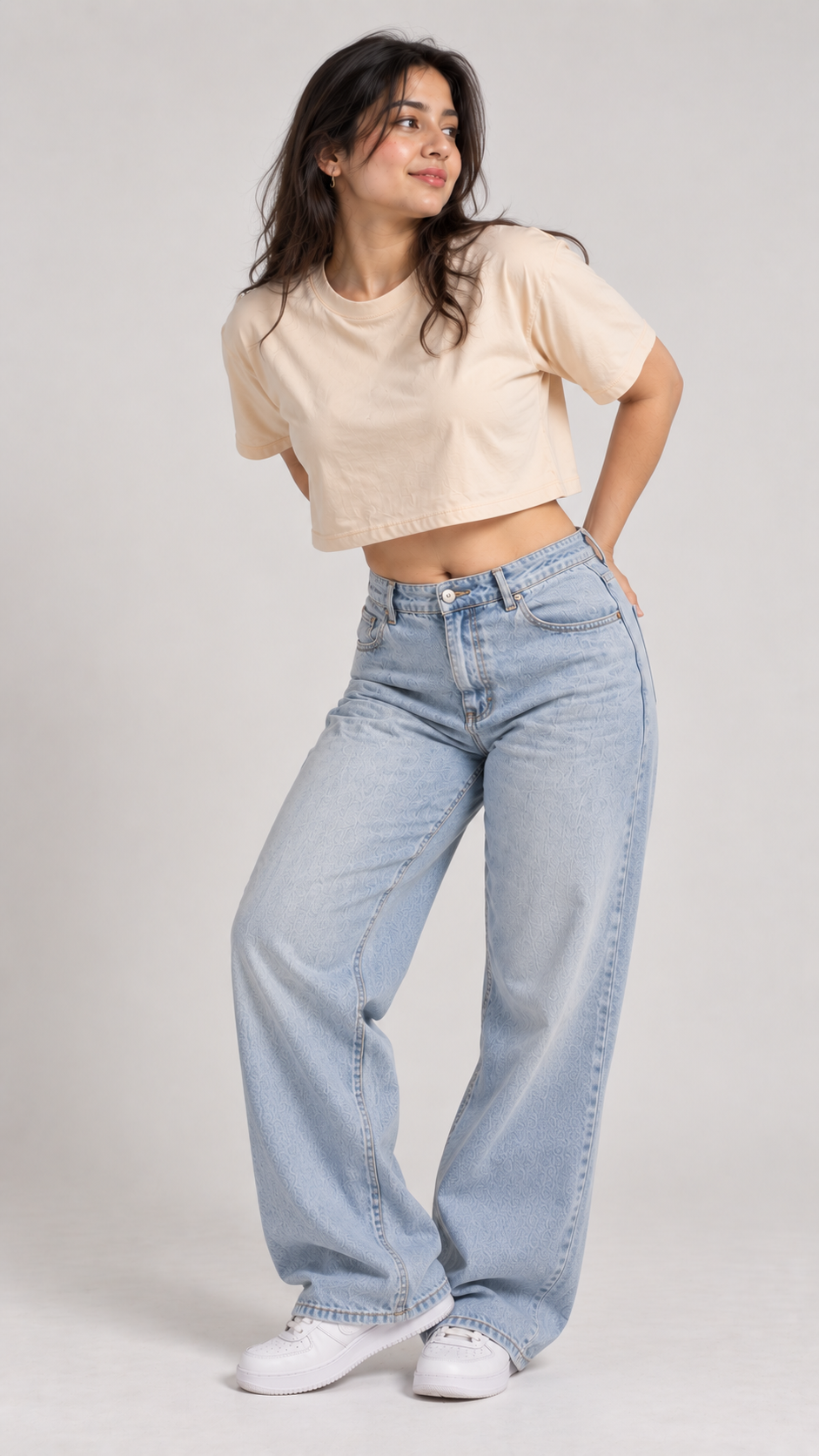 Women’s Beige Boxy Fit Crew Neck Crop Top