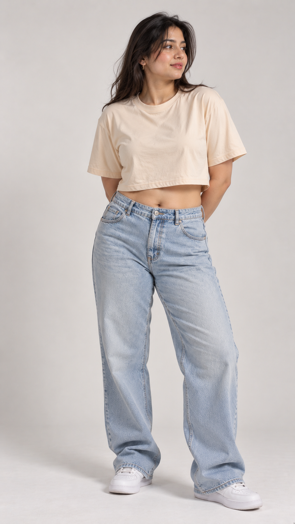 Women’s Beige Boxy Fit Crew Neck Crop Top