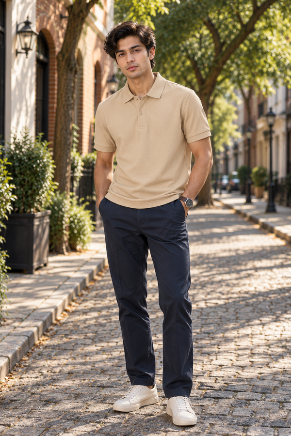 Men’s Beige Cotton Matty Lycra Polo T-Shirt