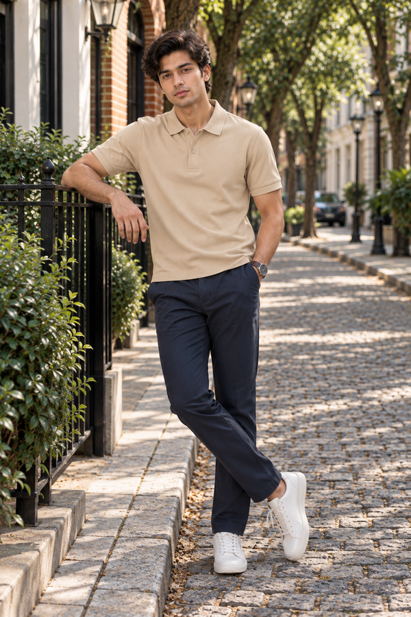 Men’s Beige Cotton Matty Lycra Polo T-Shirt