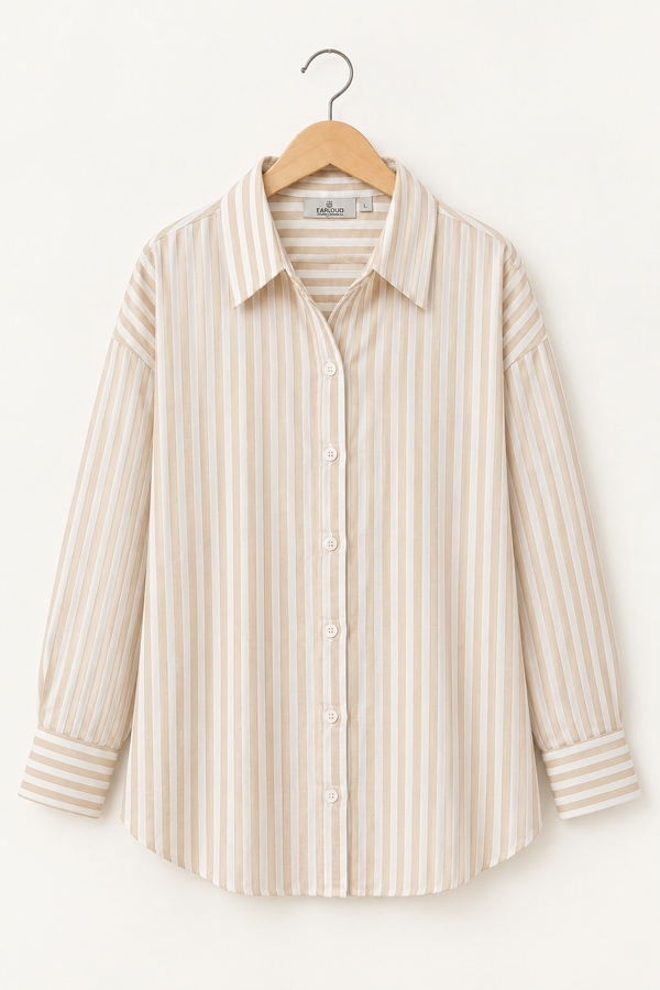 Women’s Beige Striped Cotton Shirt | Drop Shoulder
