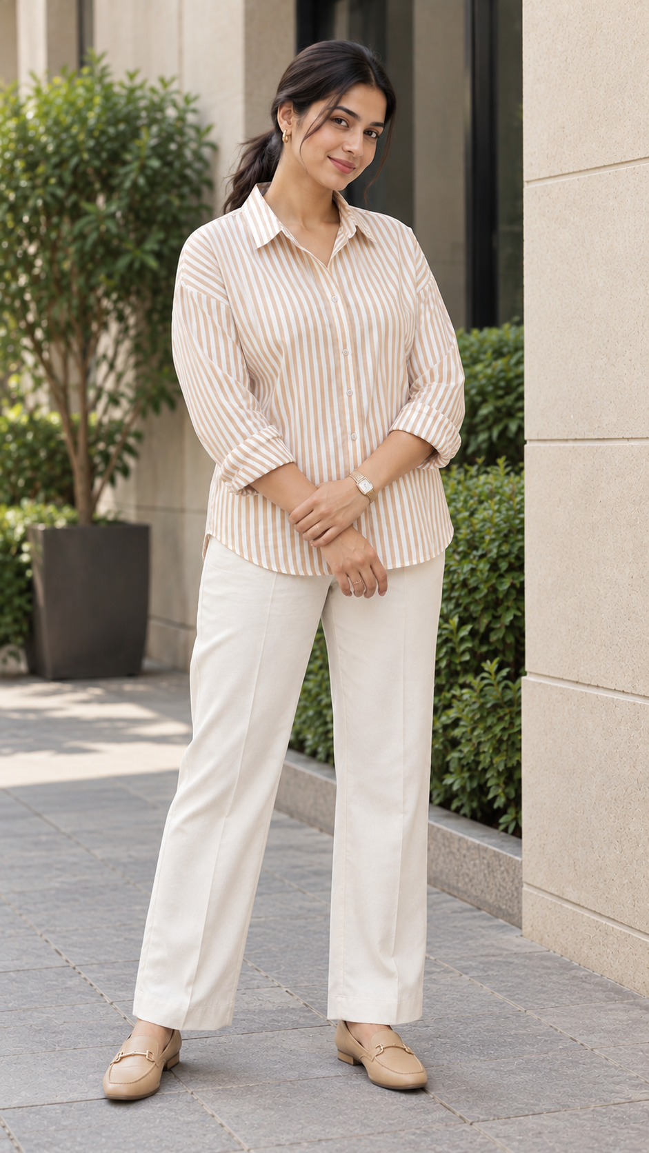 Women’s Beige Striped Cotton Shirt | Drop Shoulder