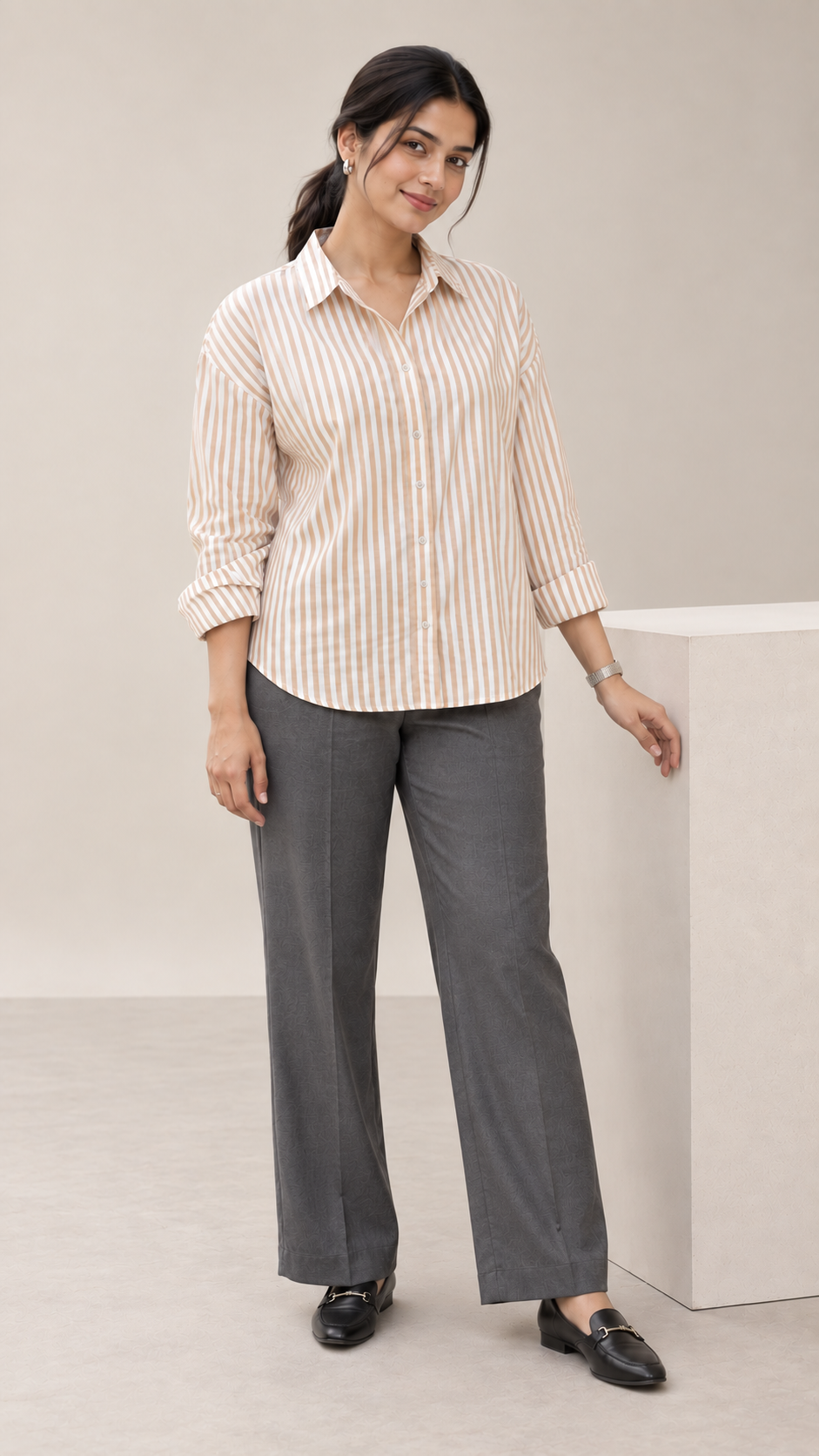 Women’s Beige Striped Cotton Shirt | Drop Shoulder
