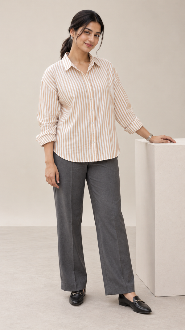 Women’s Beige Striped Cotton Shirt | Drop Shoulder