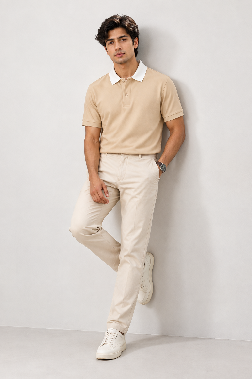 Men’s Beige Cotton Matty Lycra Polo T-Shirt with Off-White Collar