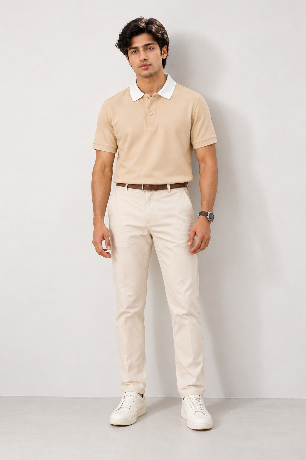 Men’s Beige Cotton Matty Lycra Polo T-Shirt with Off-White Collar