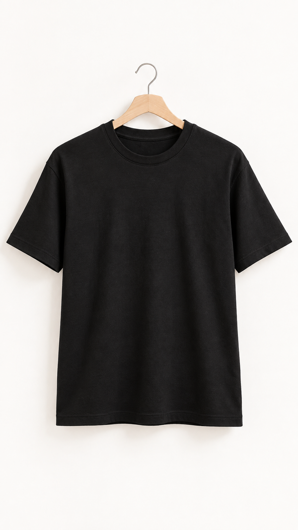 Men’s Solid Black Cotton Terry Stretch T-Shirt | Drop Shoulder