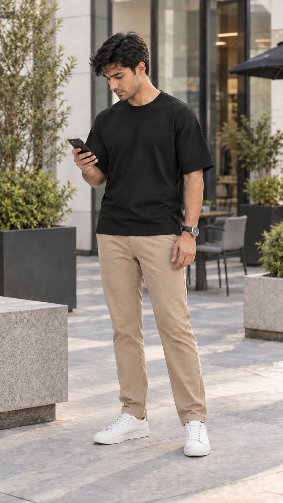 Men’s Solid Black Cotton Terry Stretch T-Shirt | Drop Shoulder