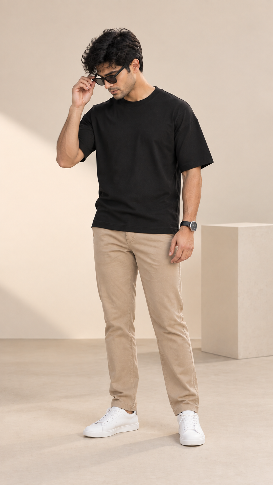 Men’s Solid Black Cotton Terry Stretch T-Shirt | Drop Shoulder