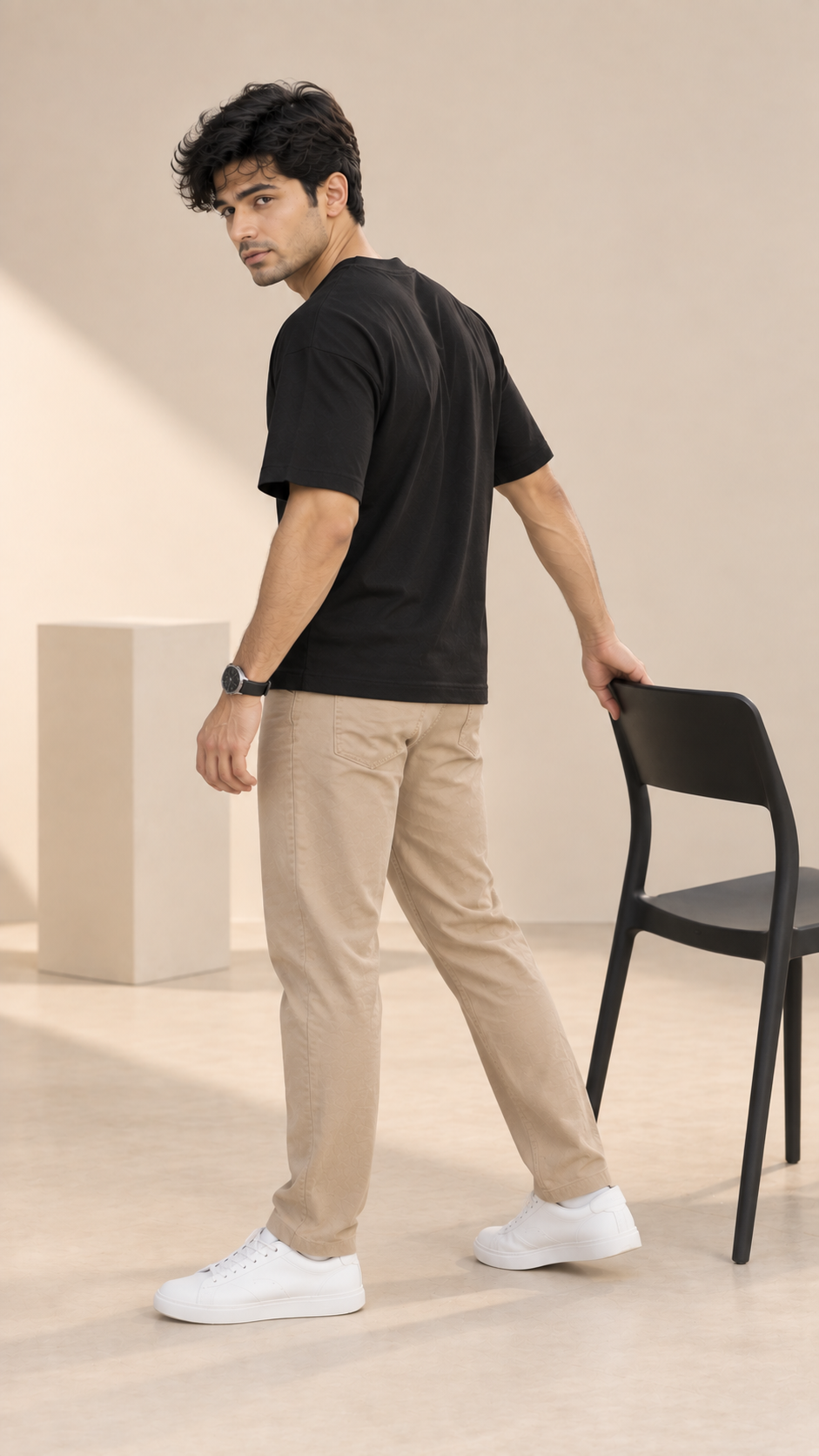 Men’s Solid Black Cotton Terry Stretch T-Shirt | Drop Shoulder