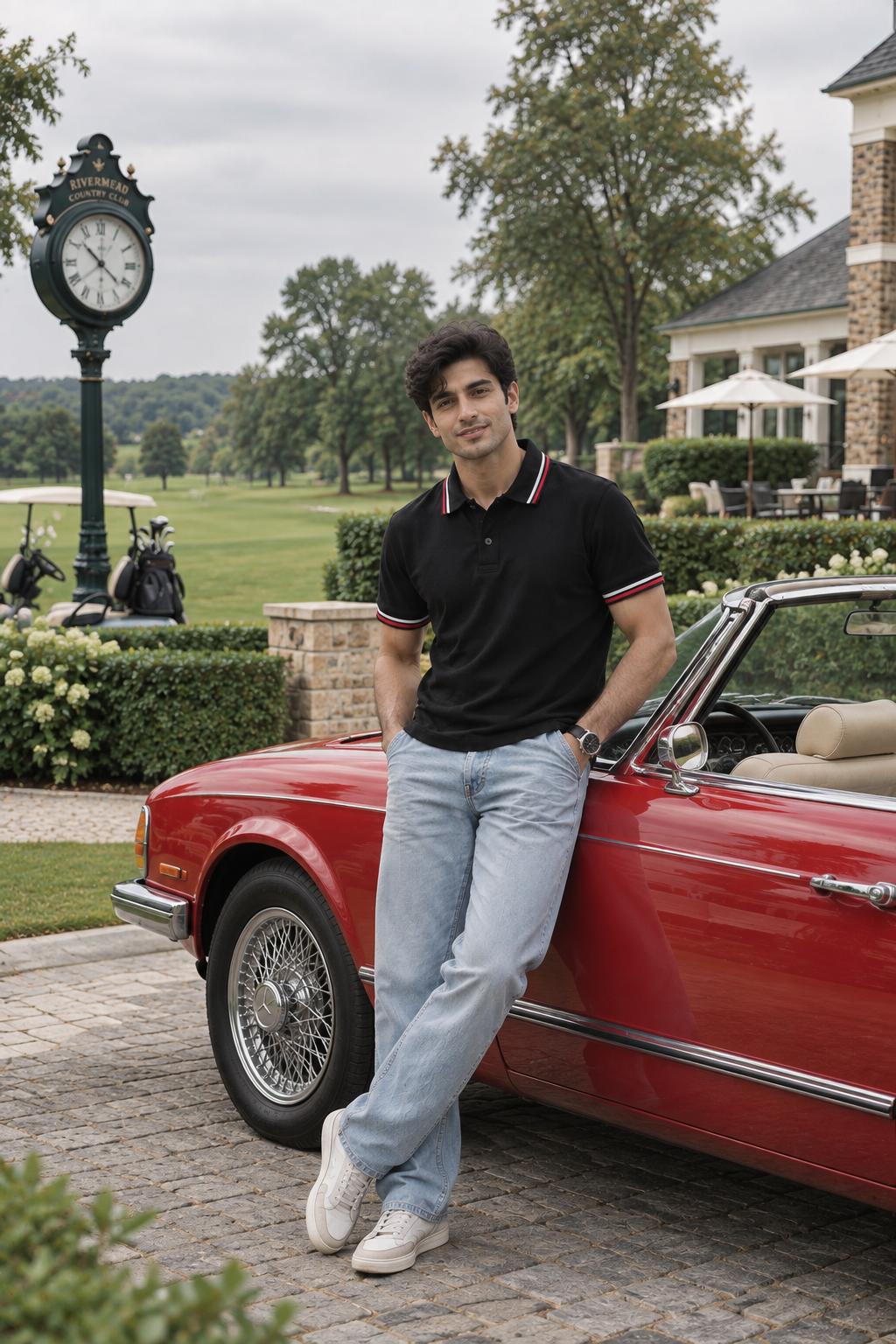 Men’s Black Polo T-Shirt with Red and White Stripes