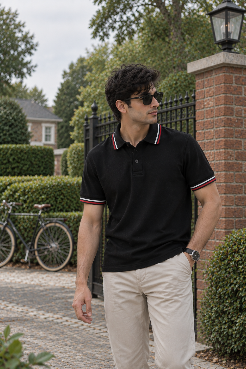 Men’s Black Polo T-Shirt with Red and White Stripes