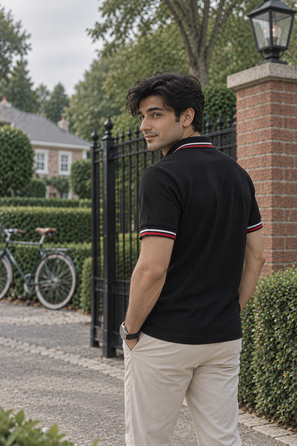Men’s Black Polo T-Shirt with Red and White Stripes